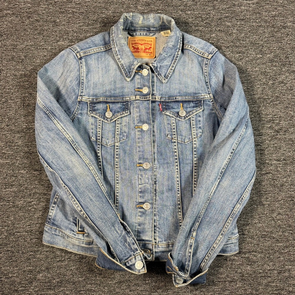 Levis Trucker Jacket Women Medium Blue Denim Button Front Jean Jacket Distressed